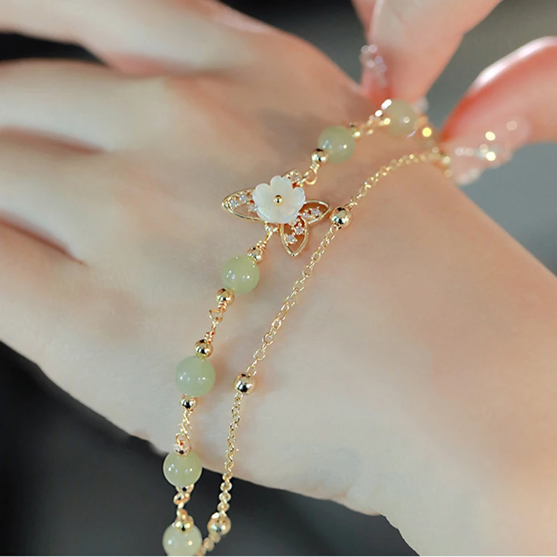 

Браслет из стерлингового серебра 925, двухслойный зеленый нефритовый цветок, бабочка для женщин и девочек, модные ювелирные изделия, подарок, Прямая поставка, оптовая продажа