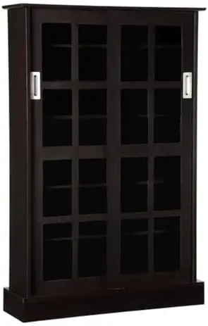 

Windowpane Media Storage Cabinet with Tempered Glass Pane Styled Sliding Doors, Holds CD, DVD or Blu-ray Media, Collectables or