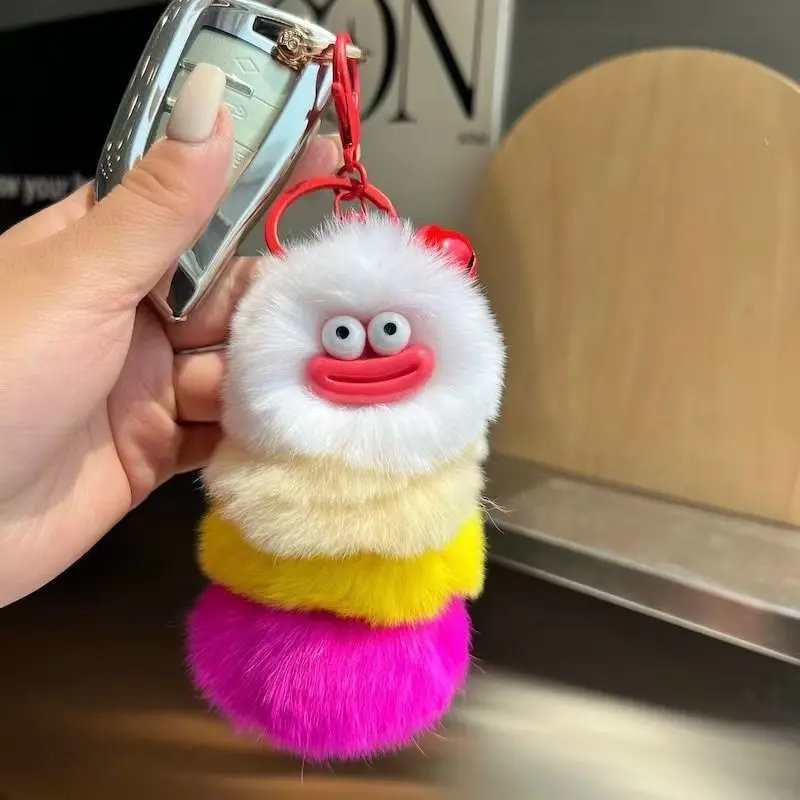 Miniso Brzydki, uroczy breloczek do kluczyków w kształcie gąsienicy z imitacji futra królika rex, pluszowa zawieszka do torby, prezent dla dziewczynek