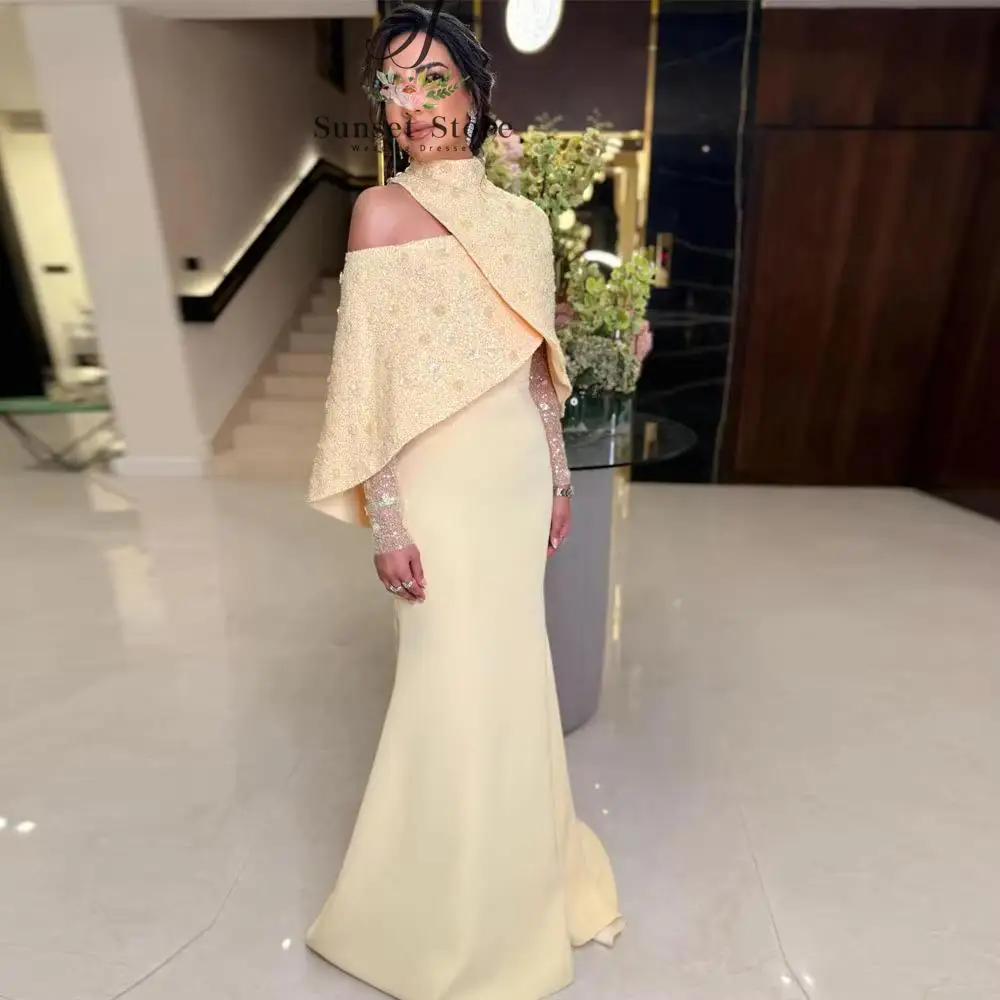 Customized  Evening Dress with Short Cape Sequin Detail Prom Gown Long Sleeve Yellow Arabic Dubai Wedding Guest Dresses