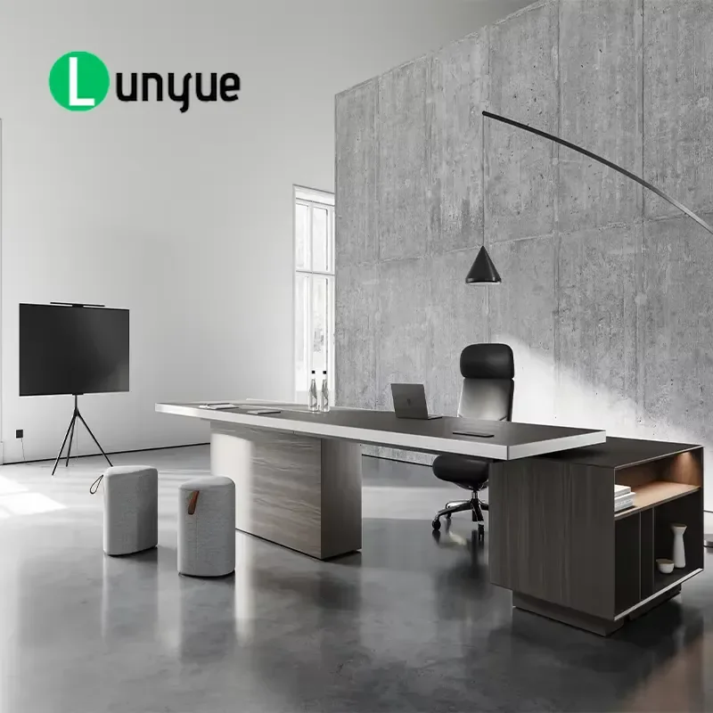 Modern L Shaped Executive Desk with Ambient Light Strip Wooden Office Furniture with Storage Space for CEO Manager Office