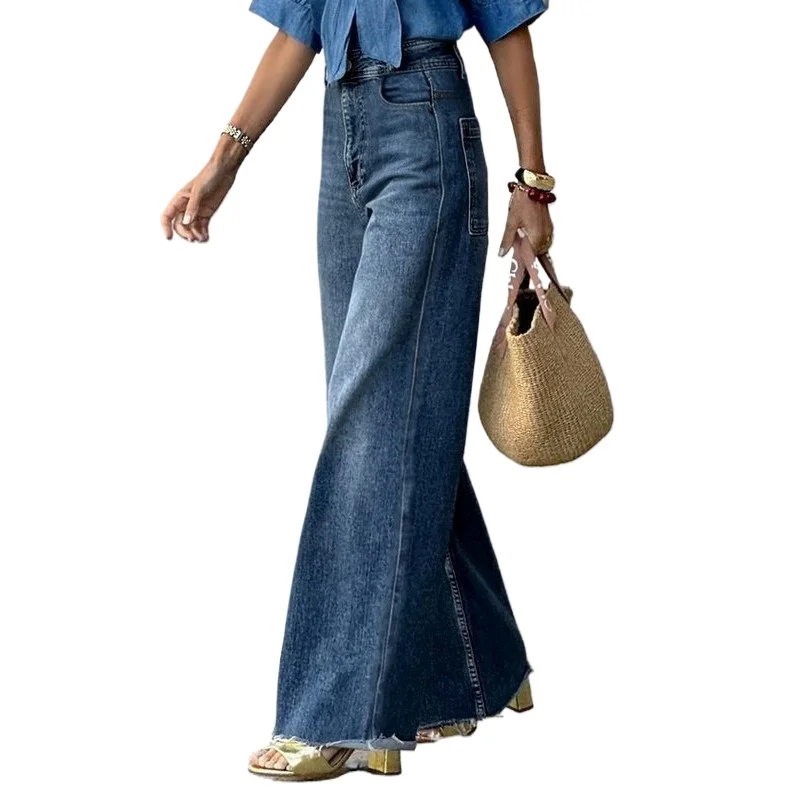 Modigirl-Calça jeans azul casual feminina, fundo vintage com bolsos, cintura alta, jeans de perna reta, outono, primavera