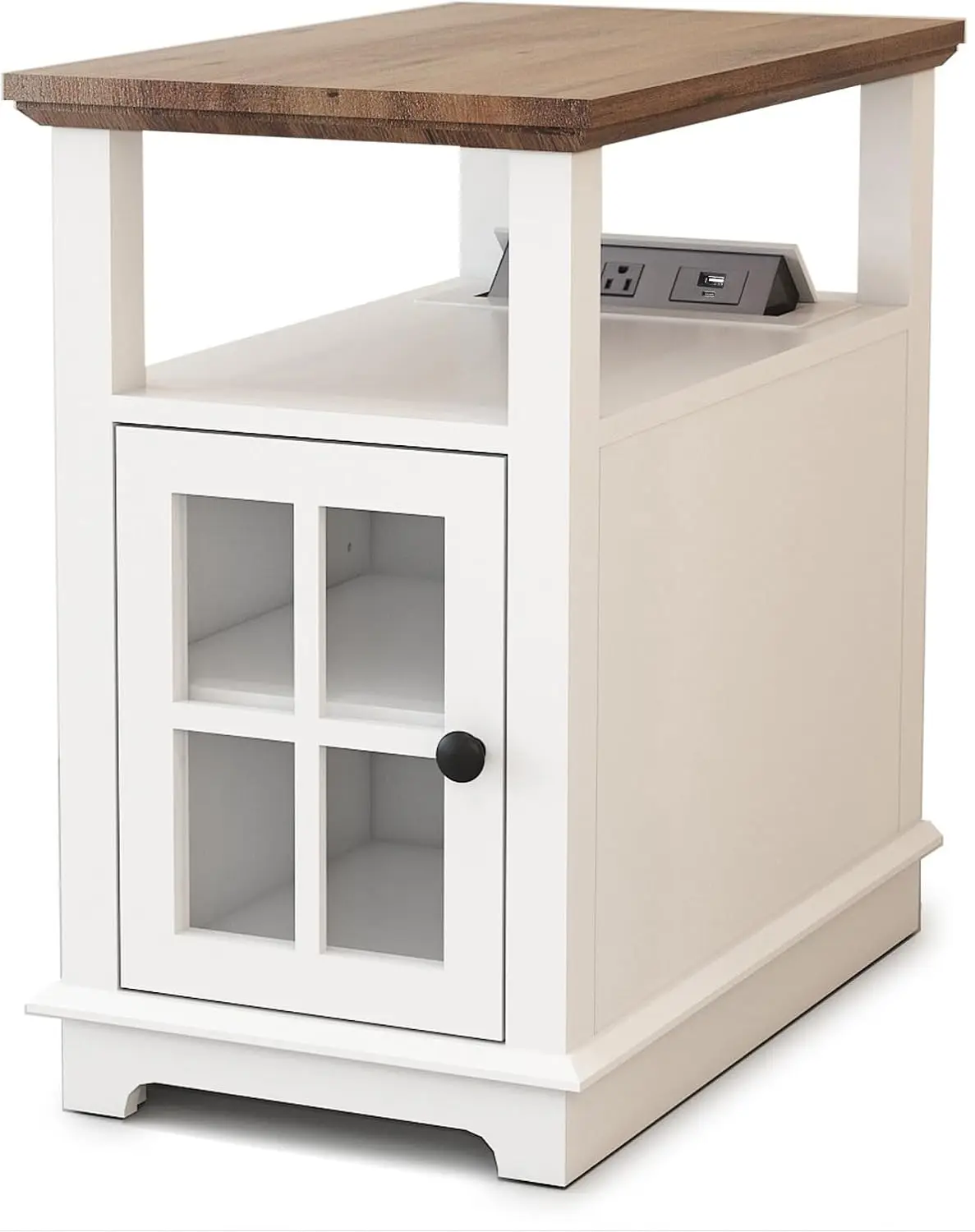 

Table with Flip Top Charging Station and Storage Cabinet, Type-C & USB Port & Power outlets, Adjustable Shelf, White Side