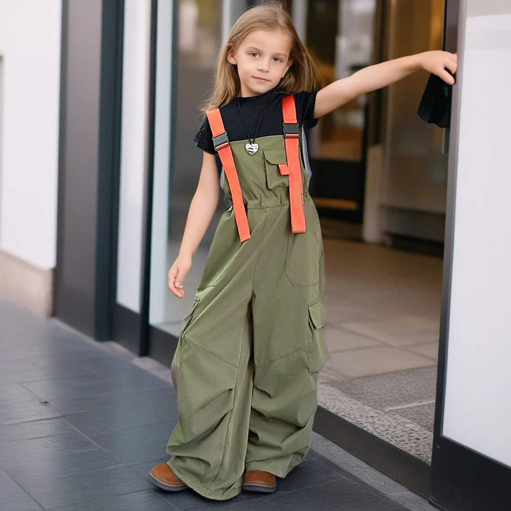 

2025 Girls Summer Outfit Cargo Pants High-Neck T-Shirt 2pcs Orange Trim Overalls Loose Straight Jumpsuit Teen Kids Clothes Set