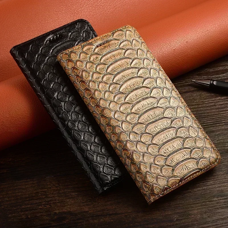 Python Pattern Genuine Leather Phone Case For Xiaomi Redmi K50 K50i K60 K60E Pro Ultra Gaming Cowhide Magnetic Flip Cover