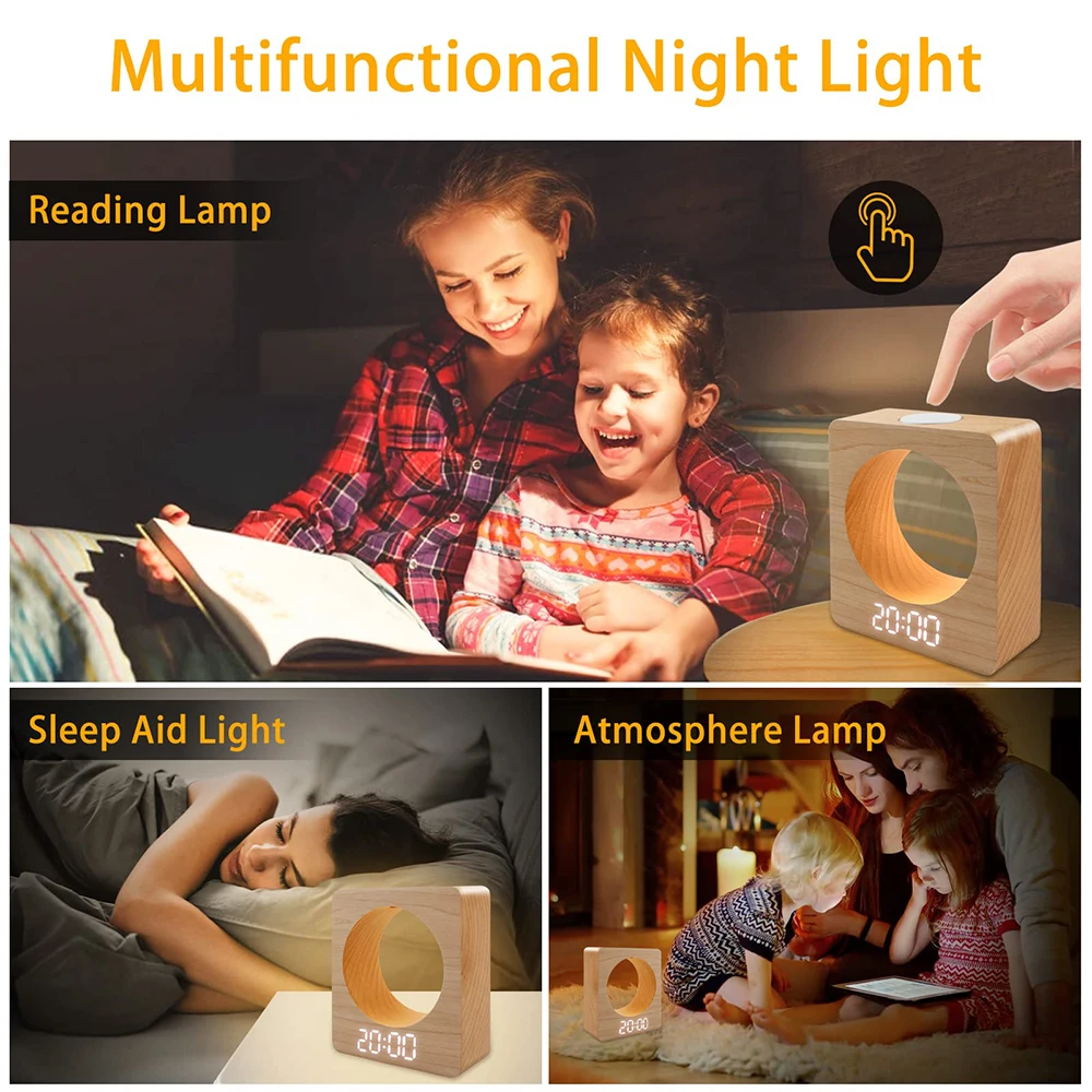 Kids Table Night Light Wooden Alarm Clock Touch Sensing Time Memory LED Display USB Port Touch Button Night Light Table Clock