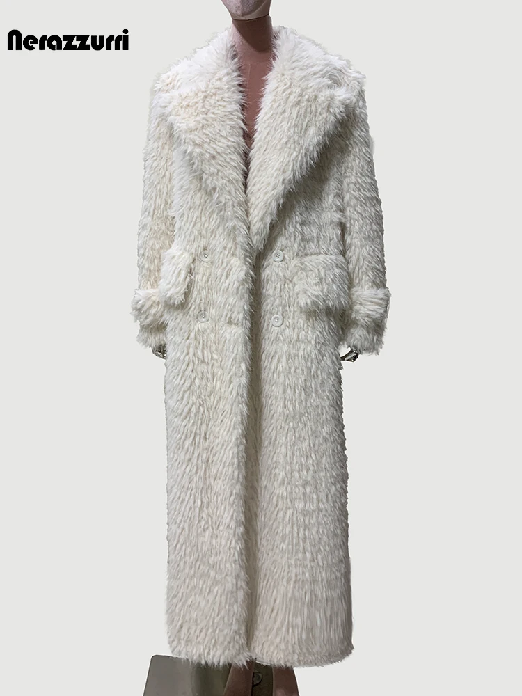 Nerazzurri Autumn Winter Extra Long Fuzzy Thick Warm Hairy Faux Fur Coat Women Shawl Collar Luxury Designer Clothing Overcoat
