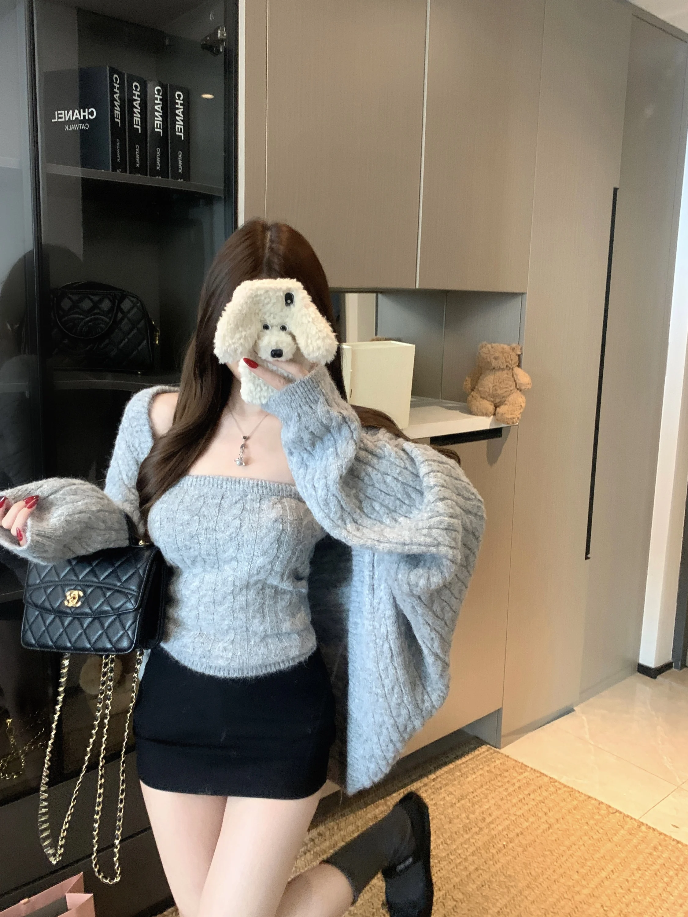 

Ladies' Knitted Sweater Jacket Batwing Sleeve Crop Top Winter Fashion Set Grey Two-Piece Knitwear Casual Commute Style
