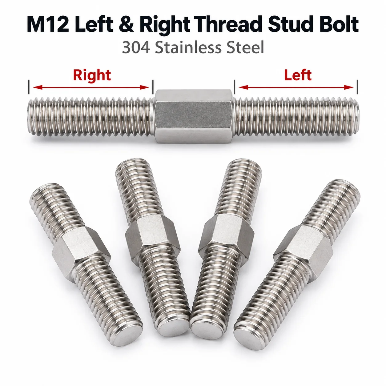 Metric M12 Left and Right Thread Double End Thread Rod 304 Stainless Steel Stud Bolts Rod Tooth Stick Dual Head Threaded Bar