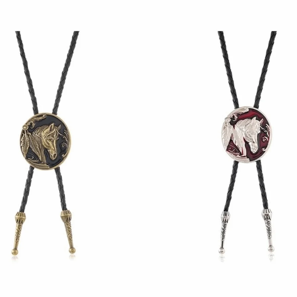 Vintage Oil Drip Horse Head Bolo Tie Necklace Leather Rope Alloy Pendant Horse Head Pendant Necklace Retro Plating