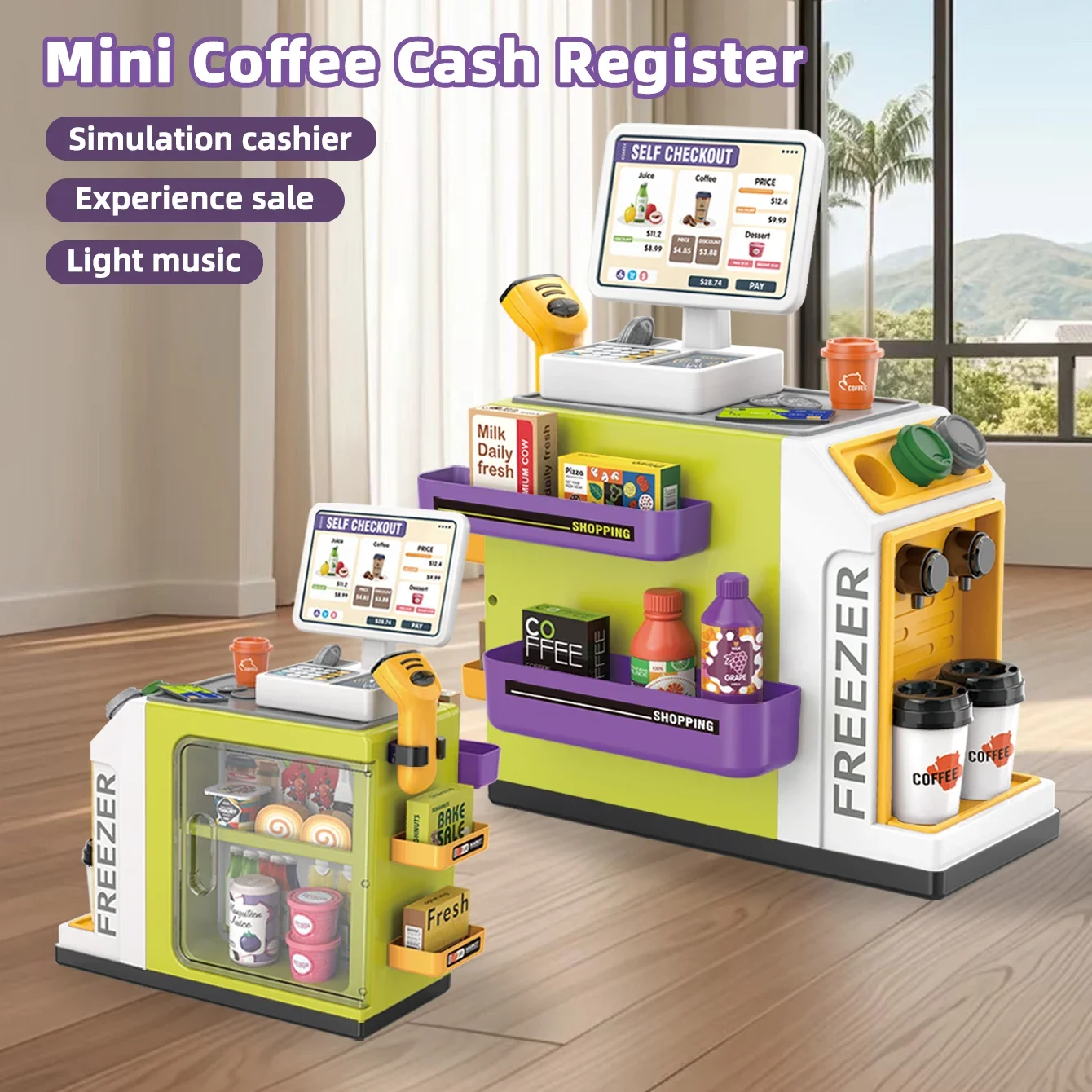 Mini Supermarket Cash Register Simulation Shopping Checkout Coffee Vending Counter Set Kid Role-playing Toy Girl Birthday Gifts