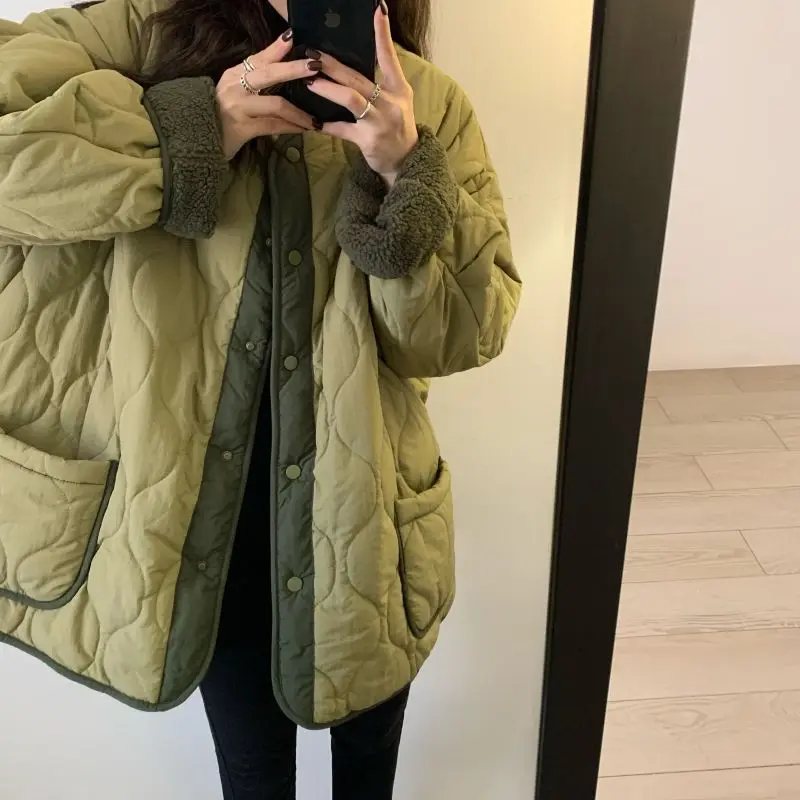 2023 Loose Winter Women Coat O-neck  Korean Style Ropa De Invierno Mujer Students Vintage Chic Thicken Warm Comfort Patchwork