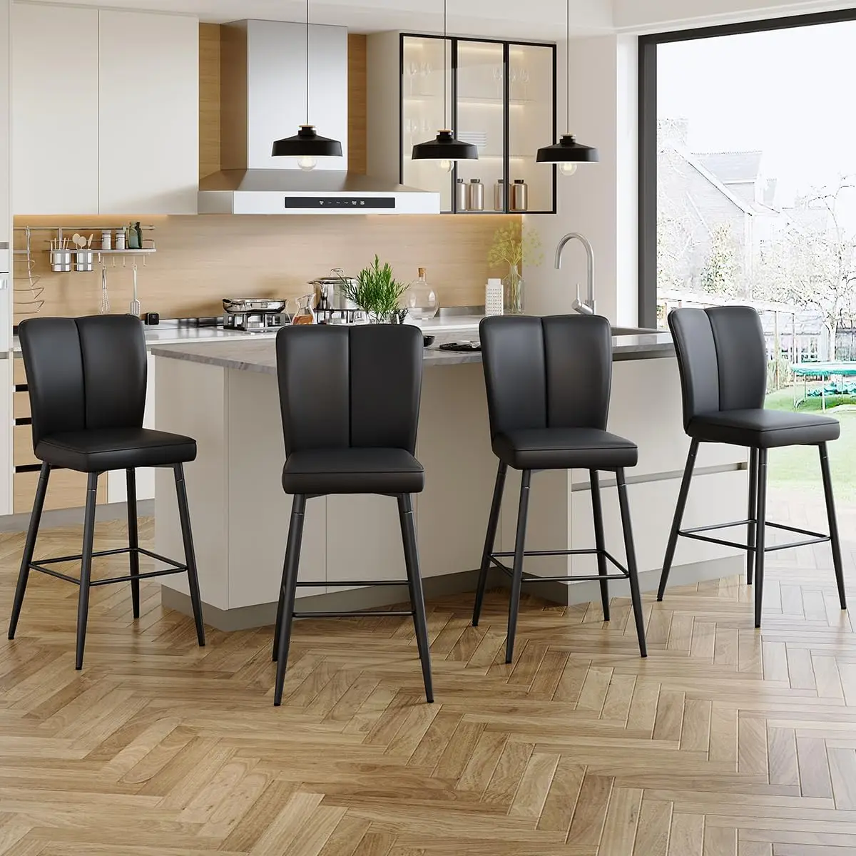 

Counter Height Bar Stools Set Of 4,Bla Bar Stools Set Of 4,26.6"" Faux Leather Kitchen Island Chairs With Ba And Sturdy