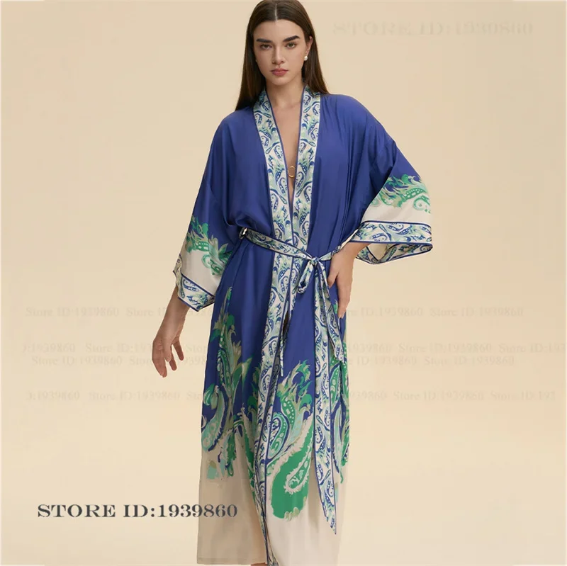 

Print Flower Long Robe Home Dress Women's Sledepwear Elegant Silky Satin Nightgown Kimono Bathrobe Gown Loose Casual Loungewear