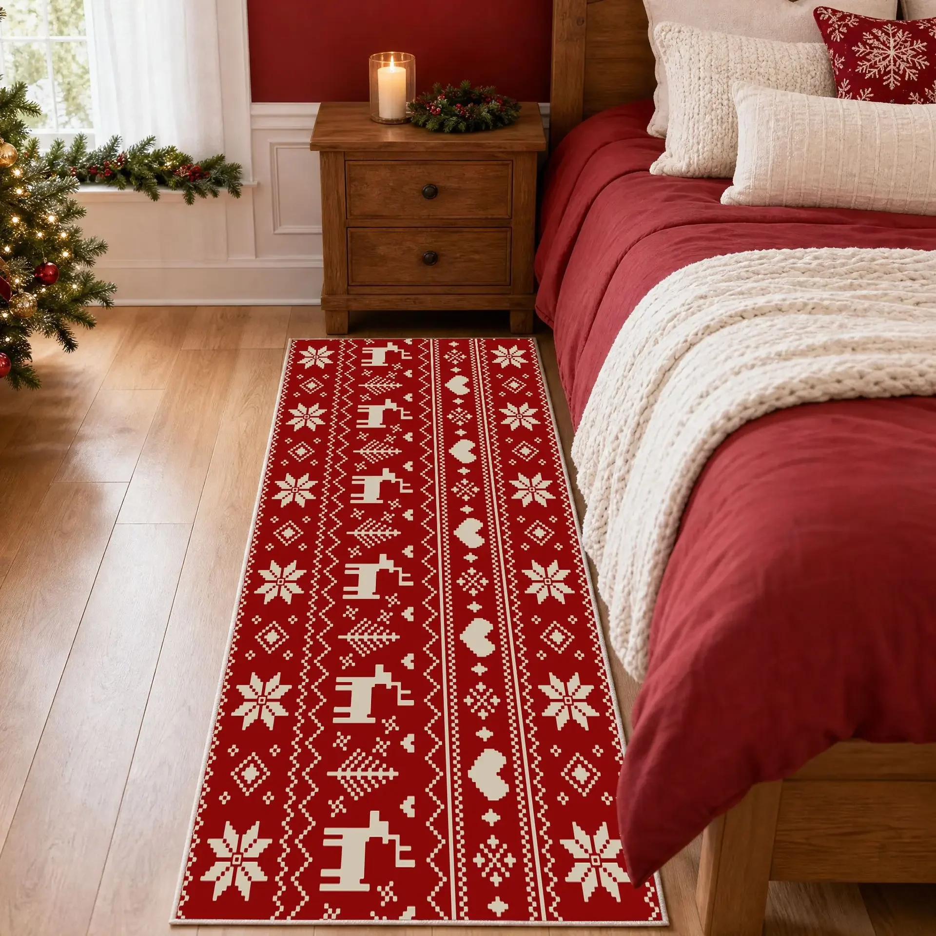 VIKAMA Red White Candy Cane Gingerbread Bell Hallway Runner Rug, Non Slip Soft Absorbent Mat for Bedroom Kitchen Xmas Decor