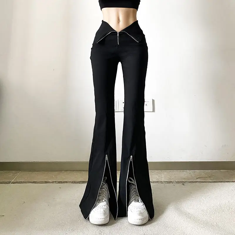 

Black Cuffed Flared Pants Zipper Women Skinny Sexy Y2k Streetwear Punk Casual Fashion Minimalist Chic Hipster All-Match Females