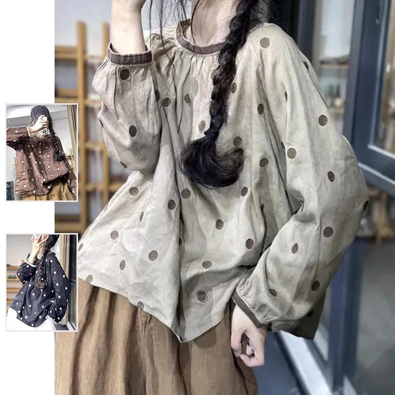 

Sweet Japanese Sle Polka Dot Long Sve irt для больших размеров, женский модный круглый топ Ne Ele, повседневная одежда