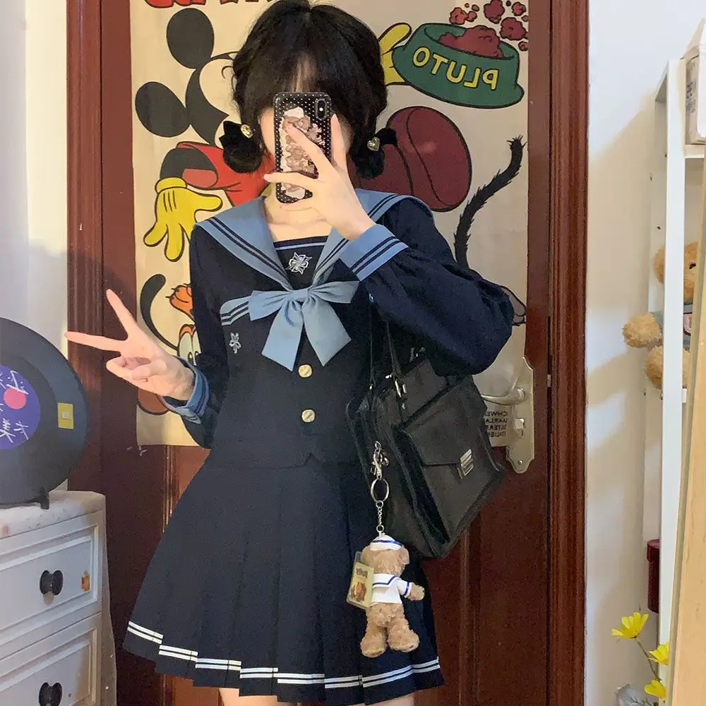 Student Union JK Uniform Sailor Suit Blue Skirt Long Sleeve Navy Collar Bow Tie Two Colors Two-piece Set Vitality Kawaii