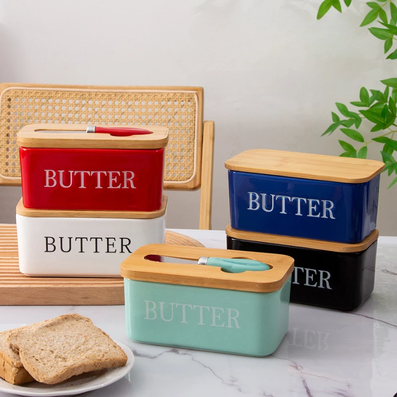 

Butter Container Ceramic Box Restaurant Sealed Storage Box Wood Lid Cheese Boxs with Knife Butter Slicer Butter Dish Tableware