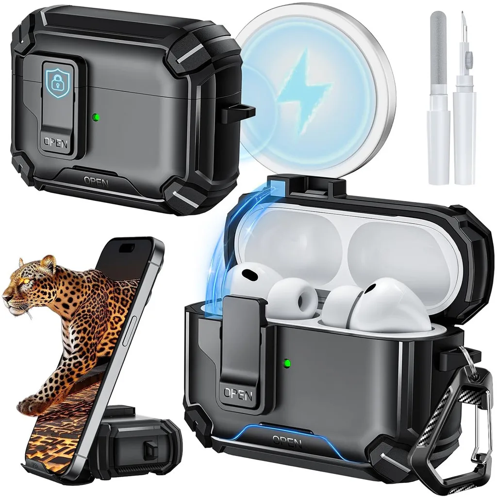 Magnetic Case for AirPods Pro 3 with Phone Stand Cleaning Kit Automatic Lock 4 Pro 2 1 Cover