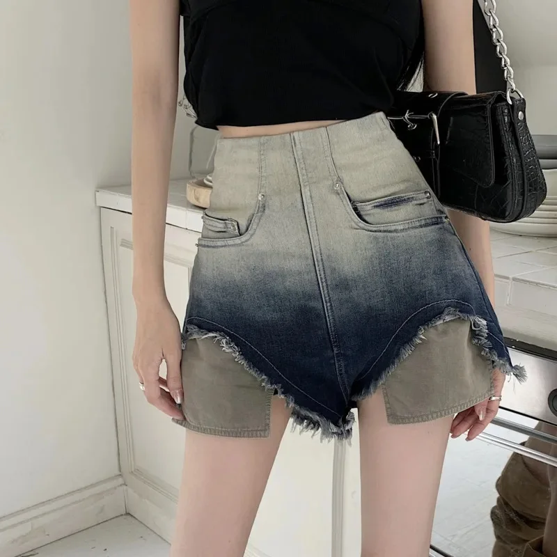 

Women's High Waist Denim Shorts Gradient Pocket Design Jeans Raw Edge Fake Two Piece Y2k Streetwear Fashion