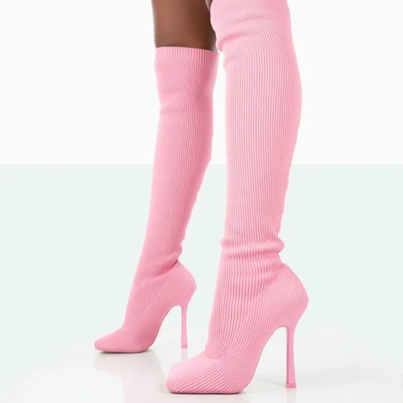 2022 New Stiletto Square Toe Boots Knitted Elastic Socks Boots High Heel Stovepipe Sleeve Over The Knee Boots Large 35-43