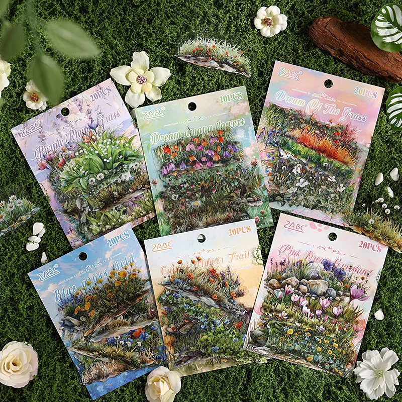 20 Sheets of Green Grass Garden Stickers, Vivid Lawn & Flower Bed Patterns for Journal Decoration & DIY Craft Embellishment