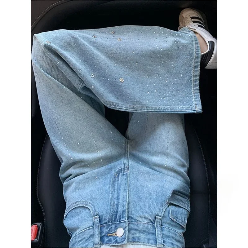 

High Waist Jean Women Wide Leg Jean Denim Trousers Full Length Zipper Fly Loose Fit Vintage Summer Pockets Washed Diamonds