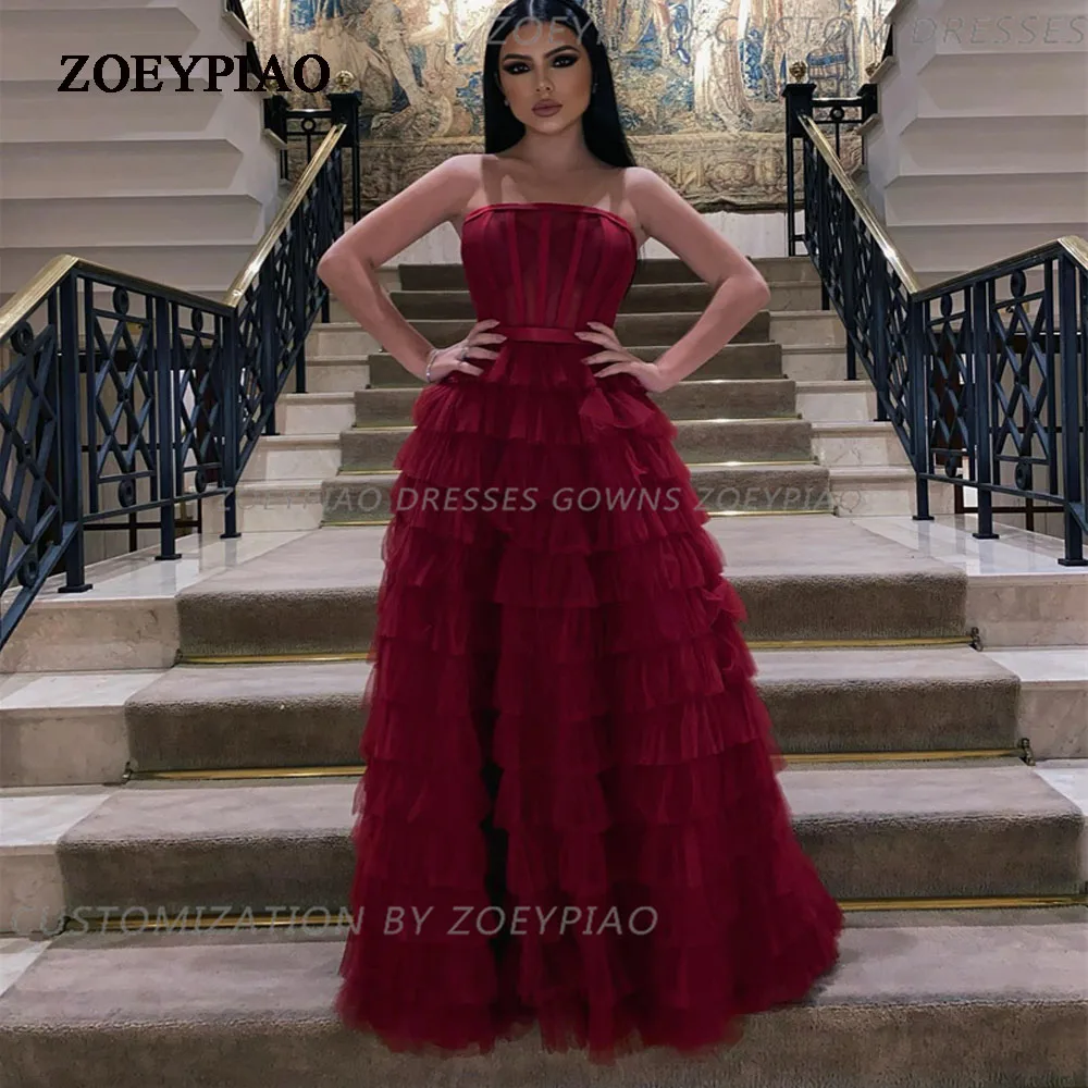 2024 Burgundy Evening Dresses Exquisite A Line Ball Gowns Strapless Sleeveless Prom Layered Tulle Formal Occasion Gown فسا