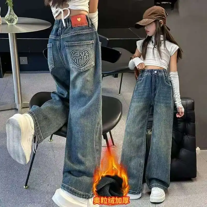 Wide Leg Jeans for Girls Children's Spring Autumn Loose Vintage Straight Retro Denim Pants Fashion Teenage Kids Trousers 4-14 Y