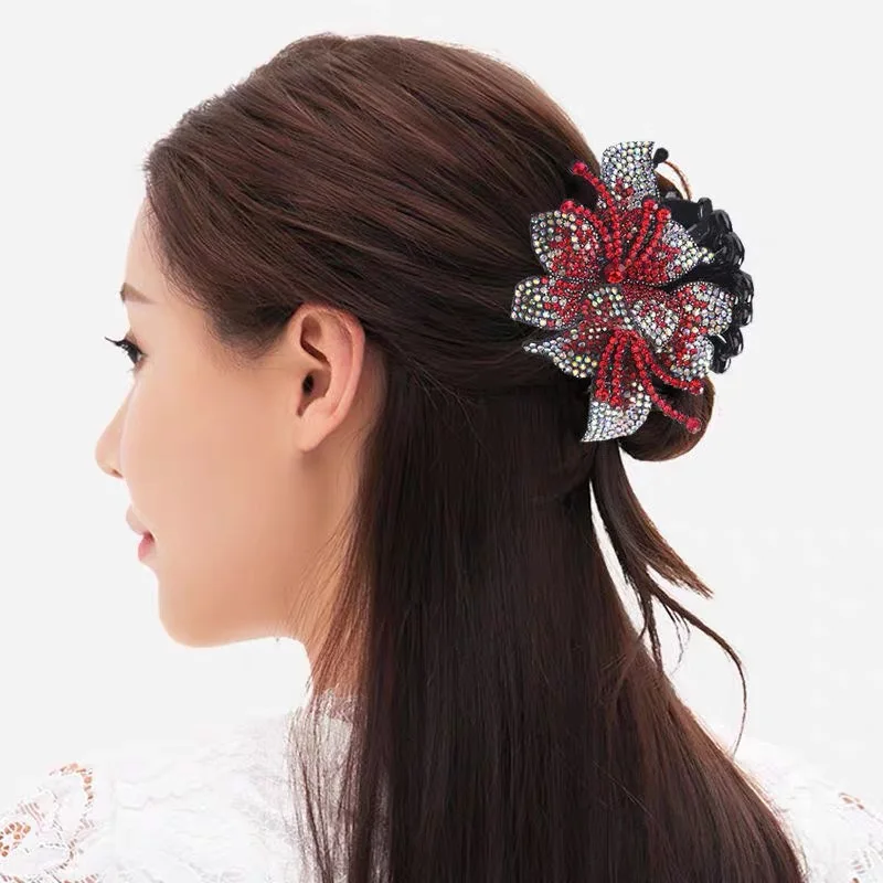 AWAYTR Luxury Rhinestone Flower Hair Claw Shark Hair Clip for Women Korean Dish Up Gripper Hairpin Spider Claw Clip Barrettes