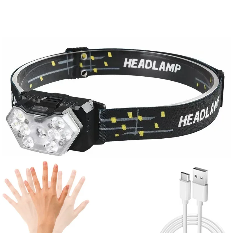 9 Led Strong Light Portable Headlamp USB Rechageable with Motion Sensor Head Lamp Outdoor Waterproof Camping Fishing Headlight