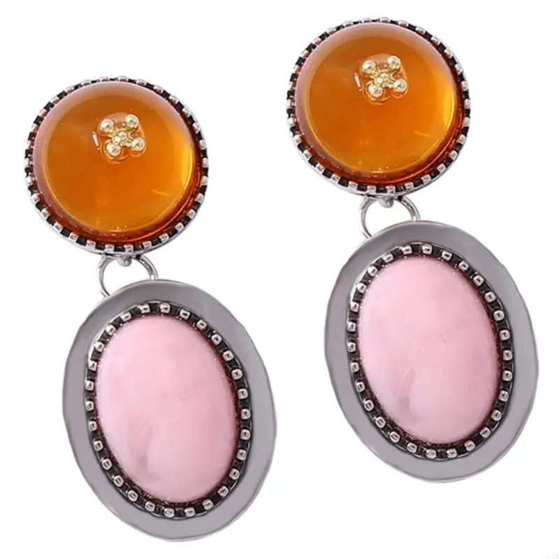  Daily Wear Drop Earrings with Retro Pink Oval and Amber Top Detail