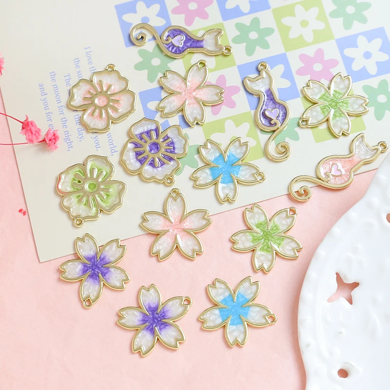 10pcs Ins Japanese Cat Cherry Blossom Alloy Pendant DIY Handmade Jewelry Hand Necklace Earrings Accessories Material Charms