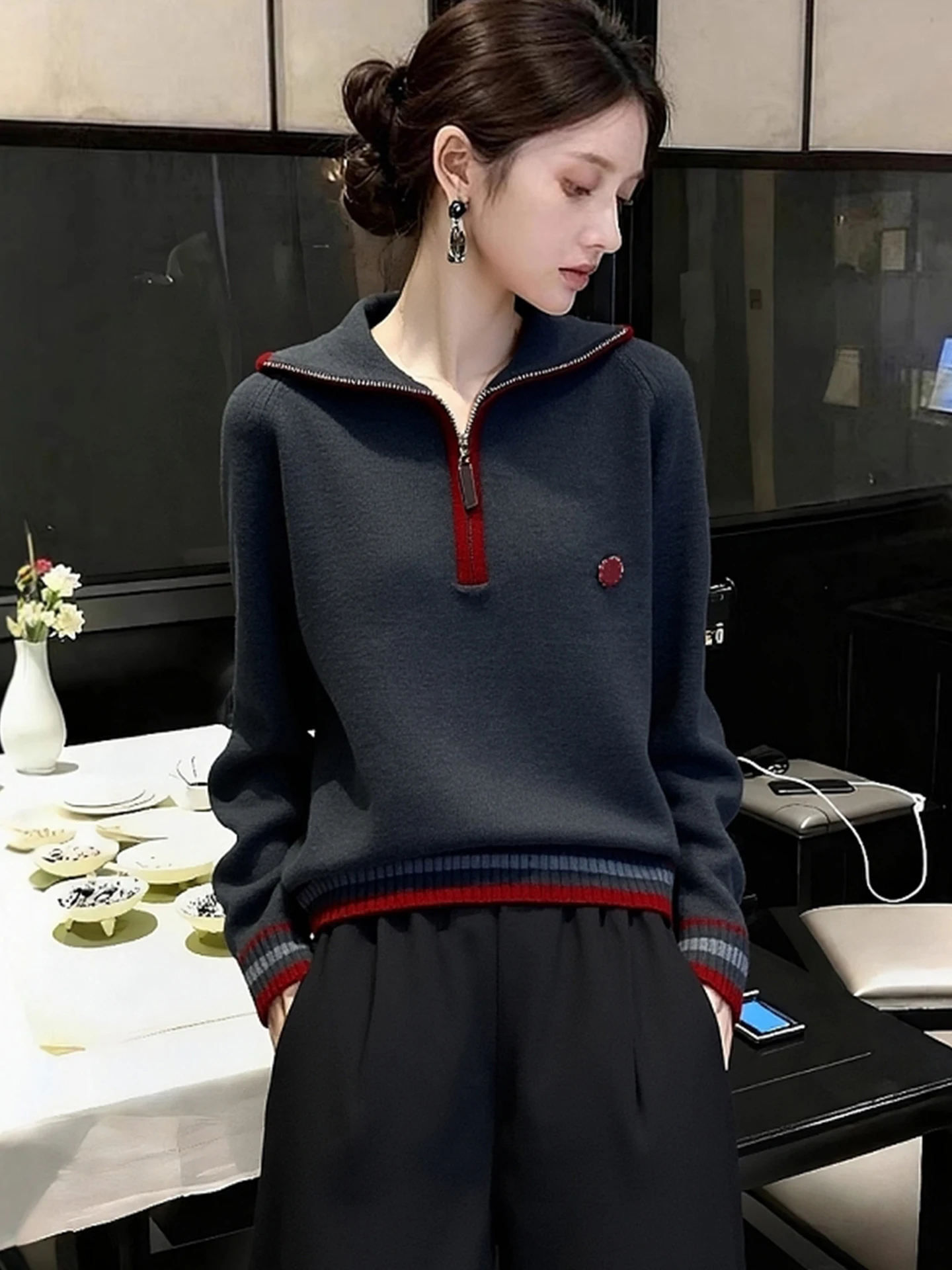 

Вязаный свитер Ele для женщин: свободный крой, длинный рукав, базовый дизайн, винтажный стиль, зимняя мода, комфортный, дышащий, уютный.