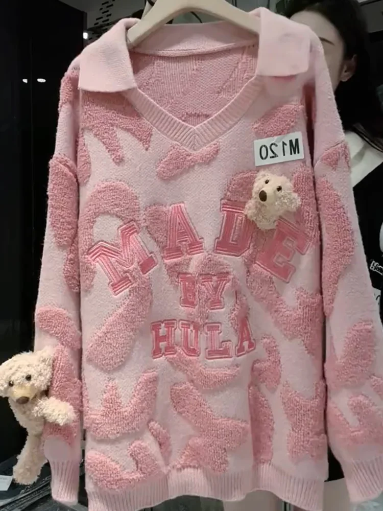 

Корейский вязаный свитер с воротником-стойкой и принтом сладкого медвежонка, женский, модный, универсальный, осенний, новинка, больших размеров, удобный топ