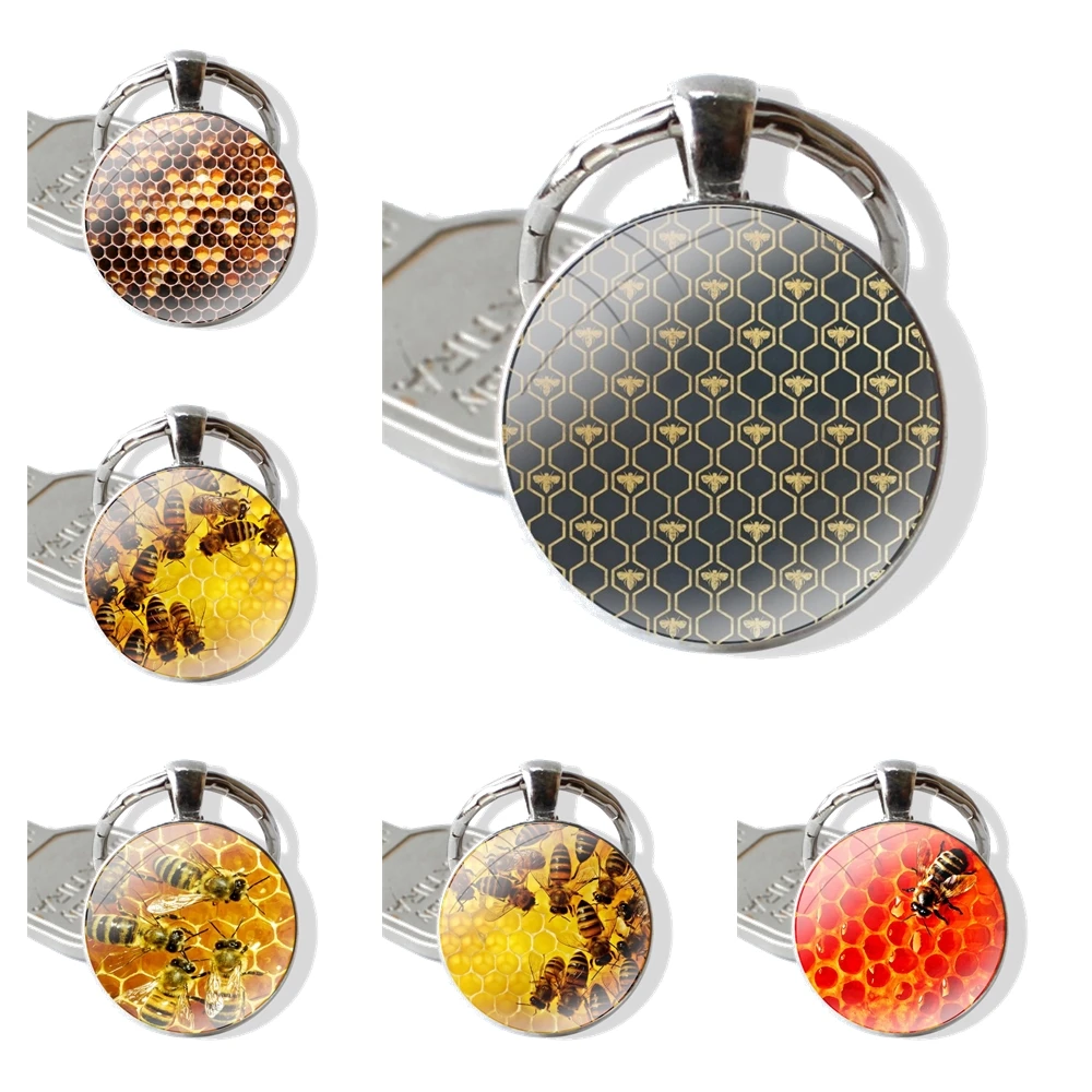 Cartoon Creative Fashion Design Keychain Handmade Glass Cabochon Key Ring Holder Pendant Key Chains Golden Honeycomb Honey Bee