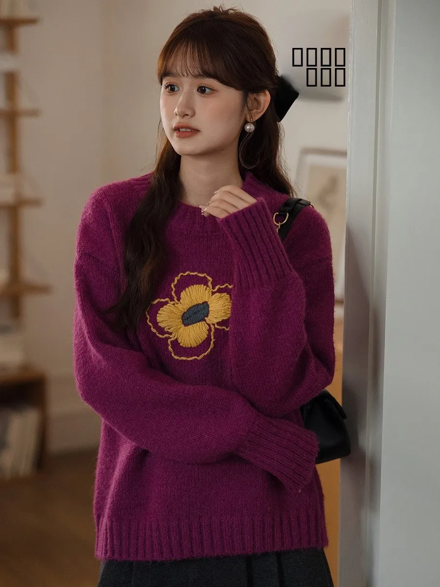 

Женский свитер с вышивкой, свободный крой, длинный рукав, удобный вязаный топ, большие размеры, весна-осень