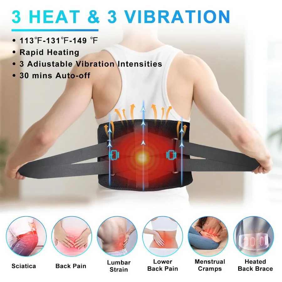 وسادة تدفئة محمولة لتخفيف آلام الظهر: مدلك أسفل الظهر مع 3 إعدادات للحرارة و3 أوضاع اهتزاز ومضرب قابل لإعادة الشحن بقوة 10000 مللي أمبير في الساعة