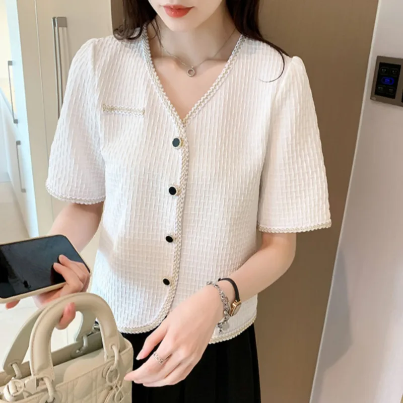 M-4XL Large Size V-neck Short Jackets Women Summer French Style Loose Spliced Color Single Breasted Shirts Short Sleeve Tops