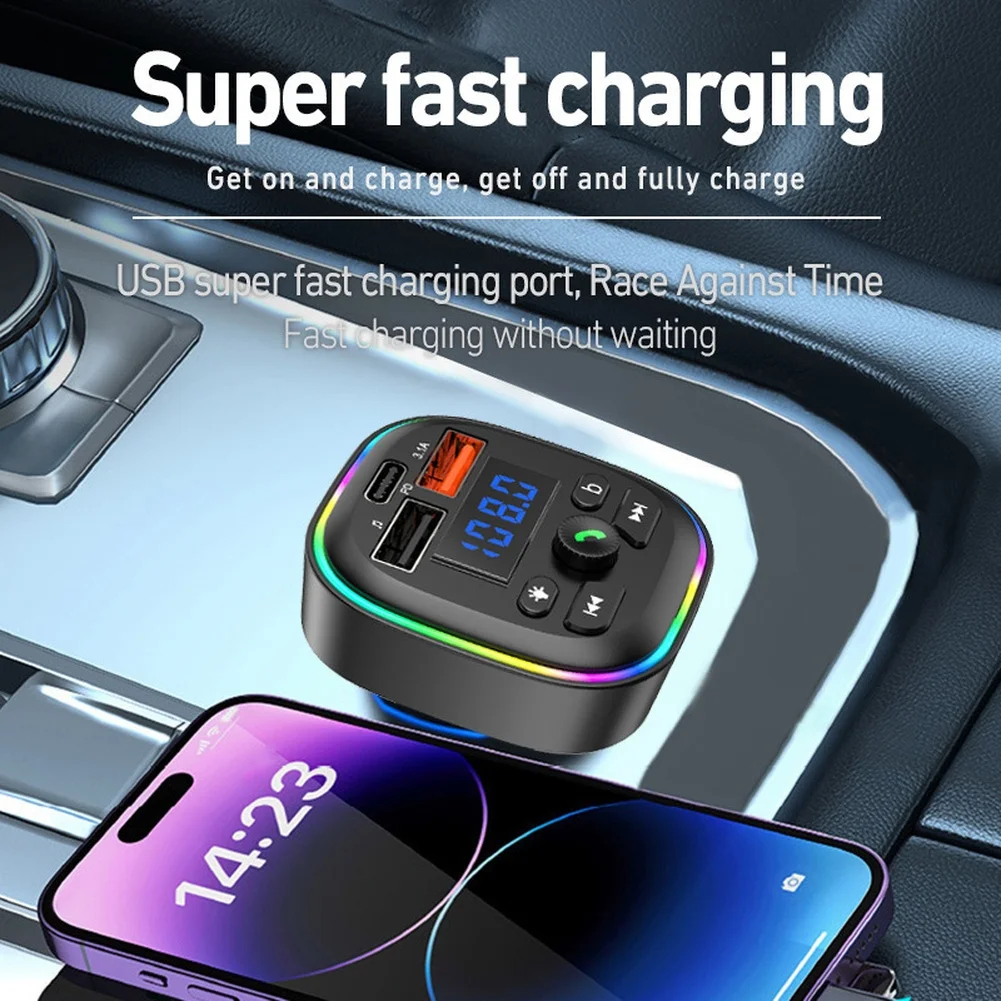 Car Charger with Wireless 5 Point 4 MP3 Player FM Transmitter Hands Calling and Dual USB Ports USB C Fast Charging