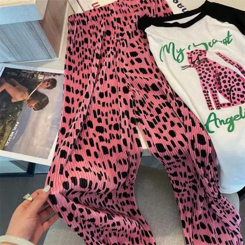 Sweet Pink Leopard Print Wide-leg Pants Pleated Straight-leg Pants Women Elastic High-waisted Sweatpants Loose Casual Trousers