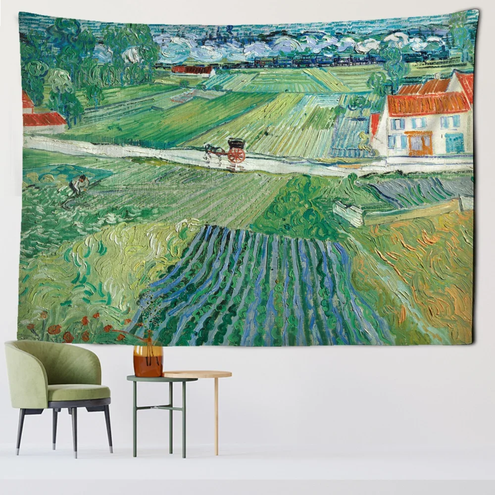 Van Gogh Aloe Vera Tapestry Carriage and Distant Train Living Room Home Background Hanging Cloth Wall Decoration