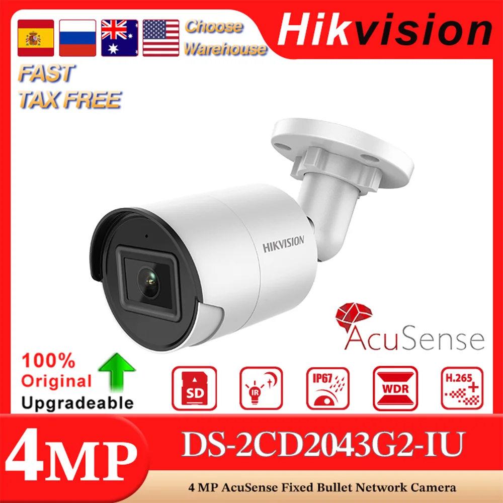 Hikvision Originale DS-2CD2043G2-IU 4 MP AcuSense IR40M Telecamera di rete multilingue a proiettile fissa POE Slot MIC e SD integrato H.265+