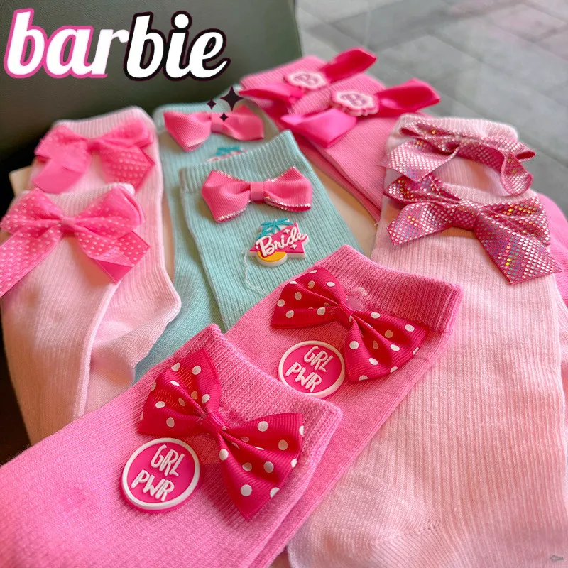 Barbie Sock Female Accessories Polka Dots Bow Tie Kawaii Mid-Calf Socks Wear Outside Long Tube Stocking Clothes Birthday Gift