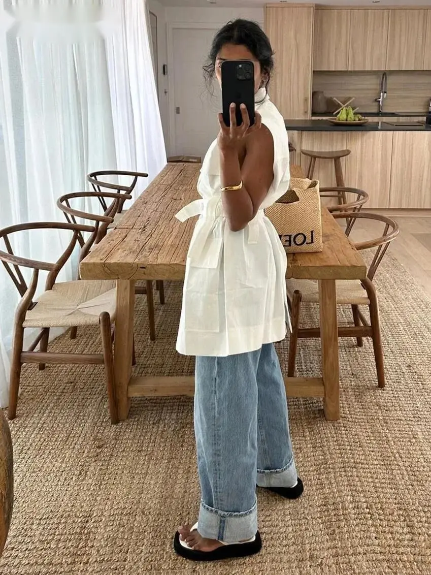 Camicia da donna in cotone bianco allentato alla moda Camicie eleganti senza maniche con risvolto Casual classico Solid Top Abbigliamento femminile MSY9