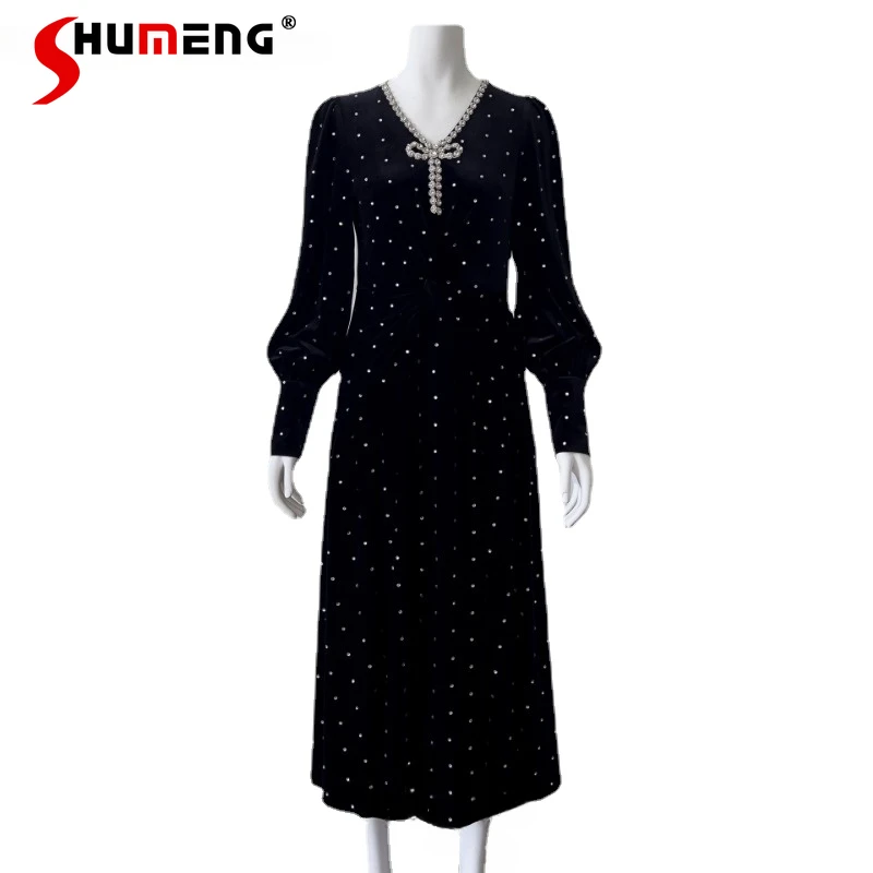 

2023 Autumn Winter Fashion Graceful Bow V-neck Black Long Lantern Sleeve Dress Elegant Slimming Daily Wearable Vestidos De Mujer