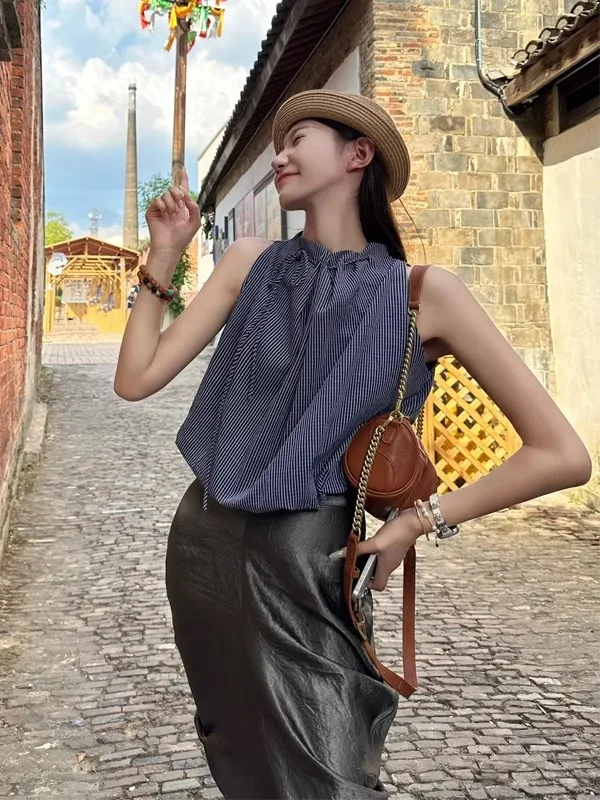 

Faionable Tie-Detail Pleated irt Women's Summer 2025 ort Loose Bloom Stand Collar Top Trendy Korean Sle Polyester Fiber
