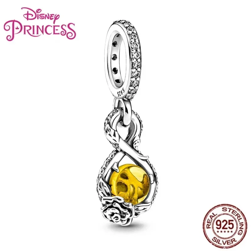 MINISODisney-Charm aus 925er Silber „Die Schöne und das Biest“-Anhänger aus Sterlingsilber, Perlen-Rosen-Charm, passend für Original-Pandora-Damenschmuck