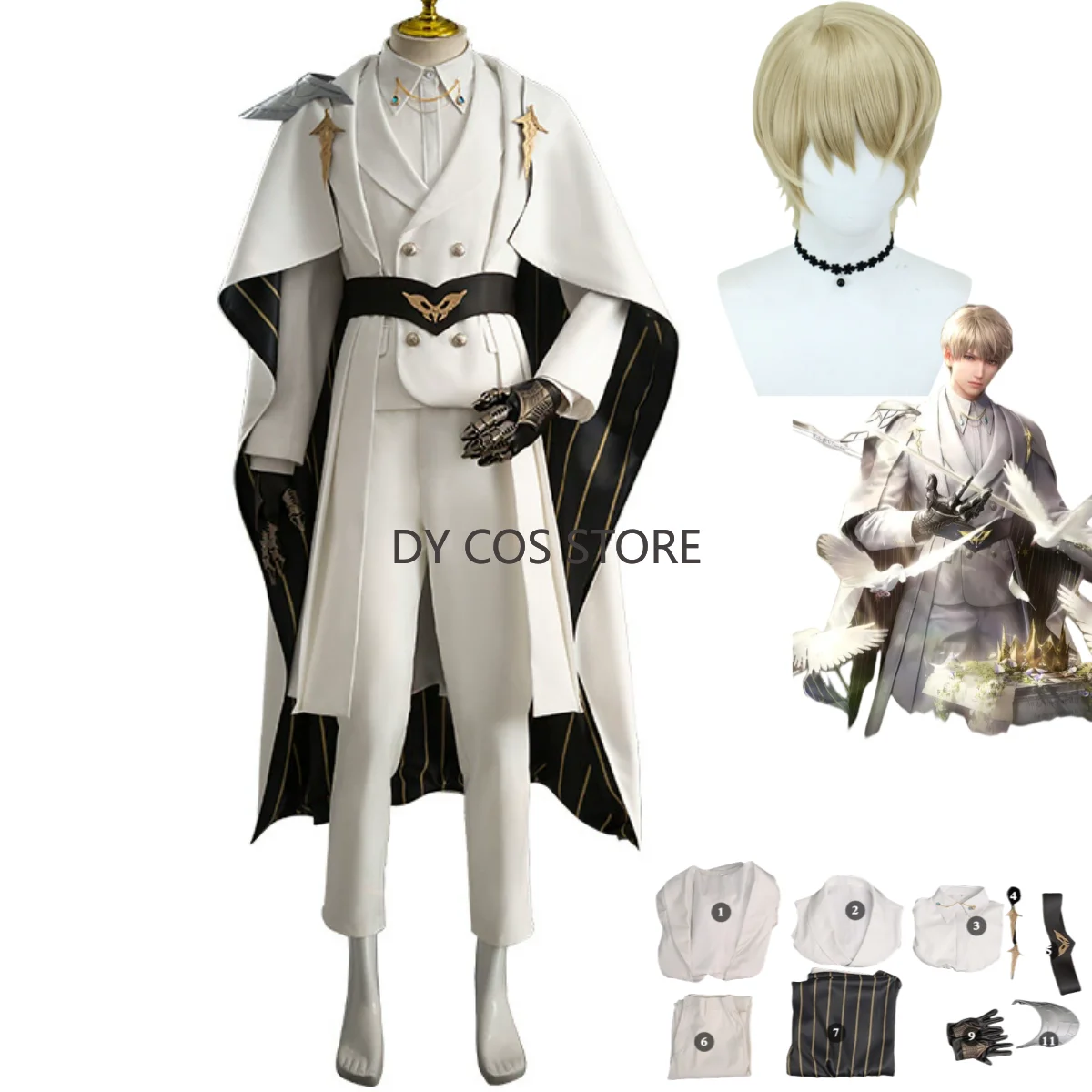 

Game Love and Deepspace Xavier Cosplay Costume White Evening Dress Coat Cloak Uniform Full Set Wig Man Carnival Masked Ball Suit